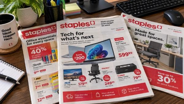 Staples catalog spread featuring office chair and promotional layouts